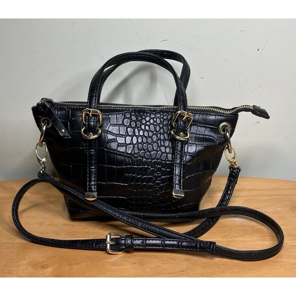 Olivia + Joy Black Alligator Embossed Faux Leather Handbag Tote Purse Crossbody
